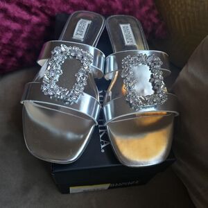 Badgley Mischka Silver Josette Flat Metallic Slide Sandals